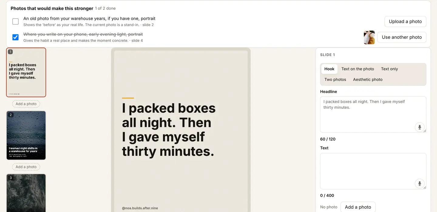 The Creators carousel editor: photo requests at the top, the slides on the left, the slide preview and the slide's words