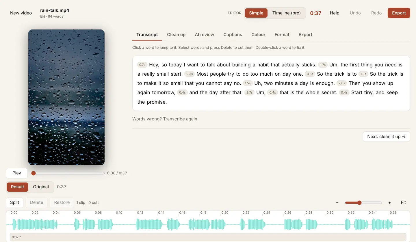 The Edit tab: the transcript of a test video with the pauses marked, the preview and the timeline