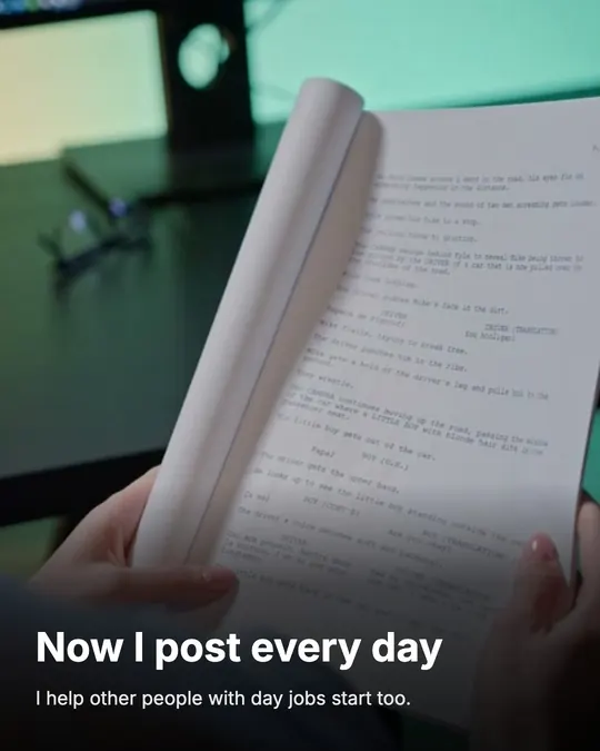 Slide 5, hands holding pages: Now I post every day.